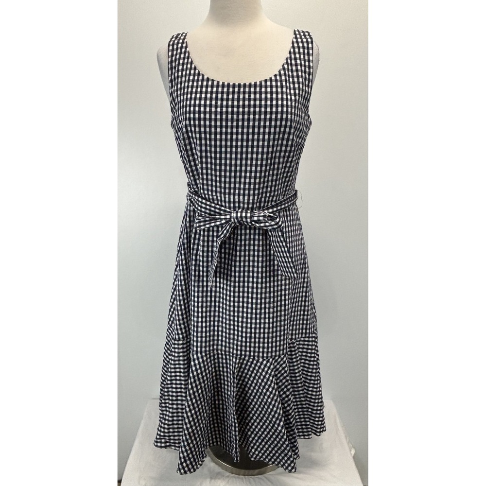 J. Crew Midi Dress Sz 12 Women's Navy White Gingham Ruffle Hem Sleeveless Tie